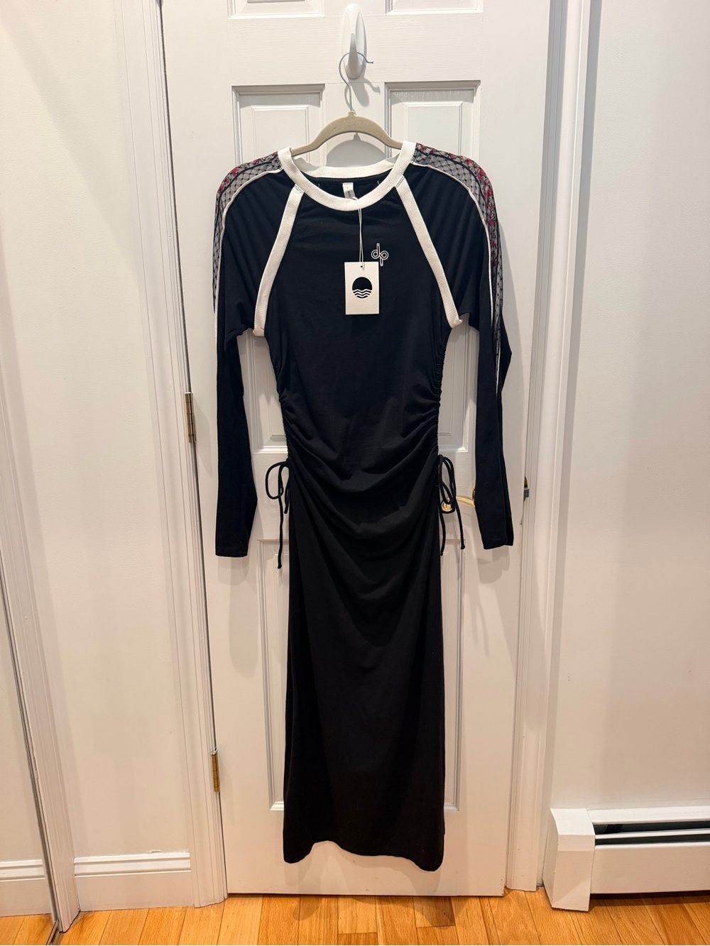NWT Daily Practice Black Ruched Maxi Dress Floral Mesh Detail Size Small